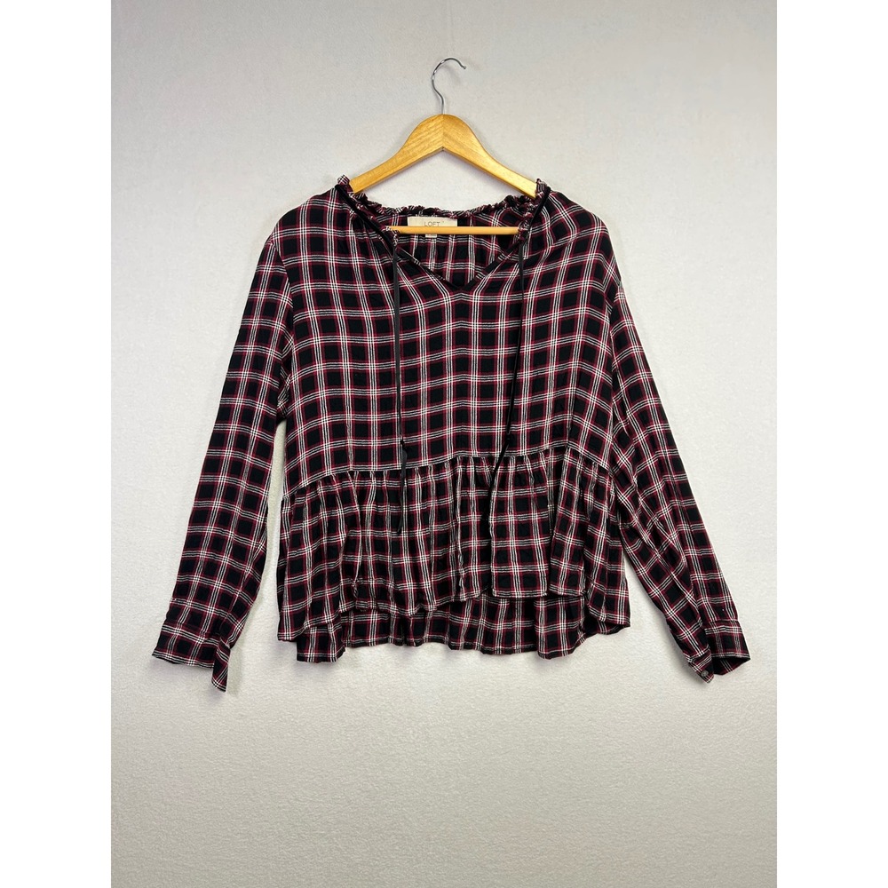 LOFT Plaid Peplum Blouse Long Sleeve Ruffle V Neck Tie Neck Women's Size L